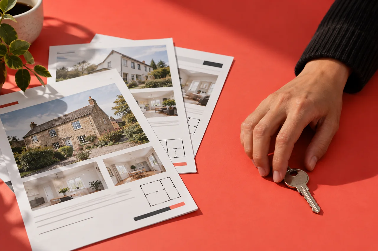 A hand rests on a house key beside property information sheets.
