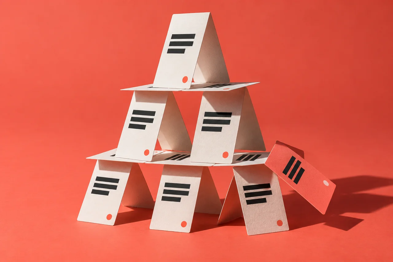 A precarious house of printed message cards, with one coral card slipping from its side.
