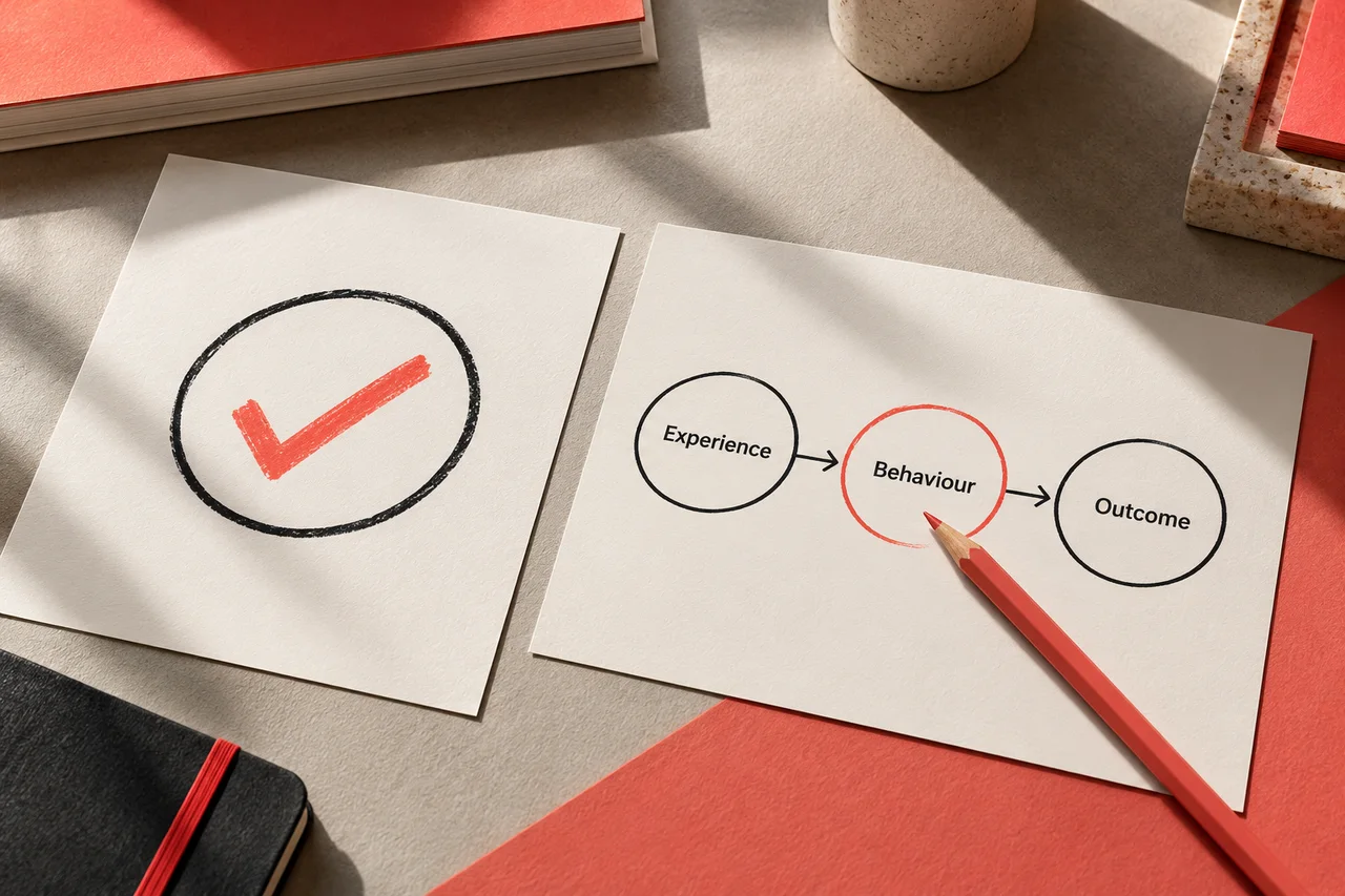 An approval tick beside an Experience, Behaviour, Outcome diagram, with a coral pencil pointing to Behaviour.