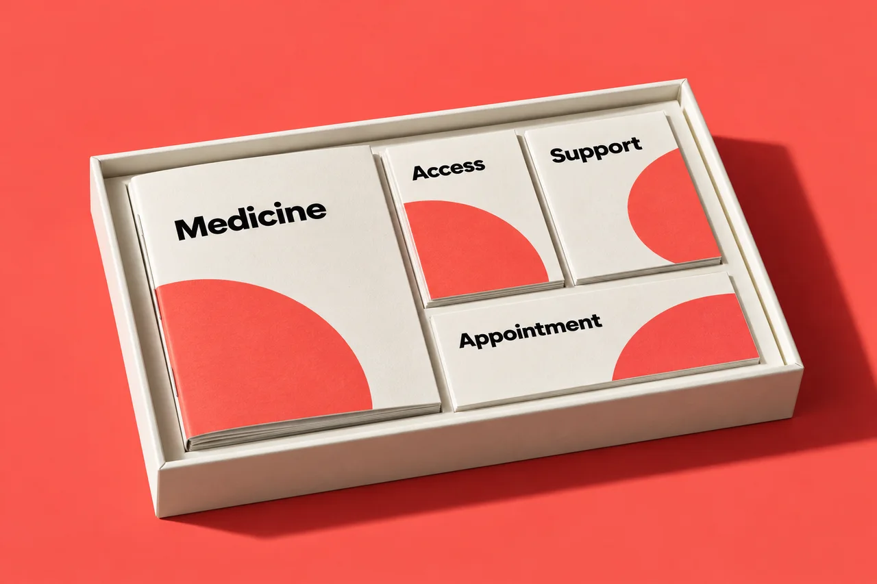 A coordinated paper kit containing Medicine, Access, Support and Appointment materials in one white tray.