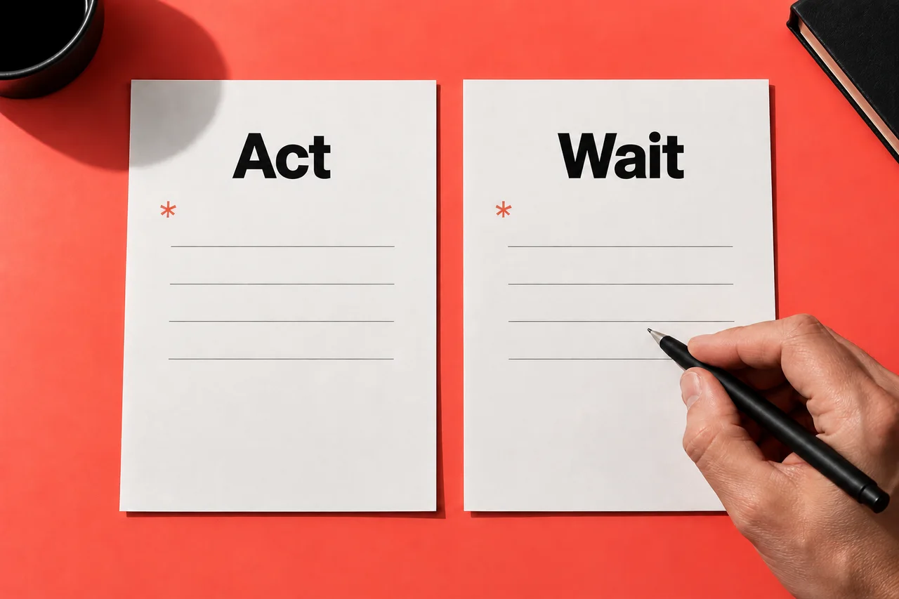 Act and Wait decision sheets each carry the same coral asterisk, with a hand holding a pen beside them.