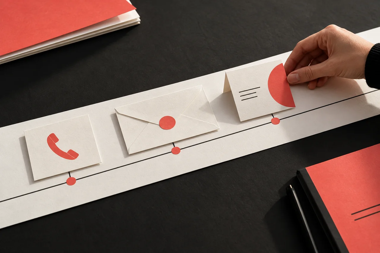 Paper contact cards for a phone, a letter and an event aligned along one continuous customer journey.
