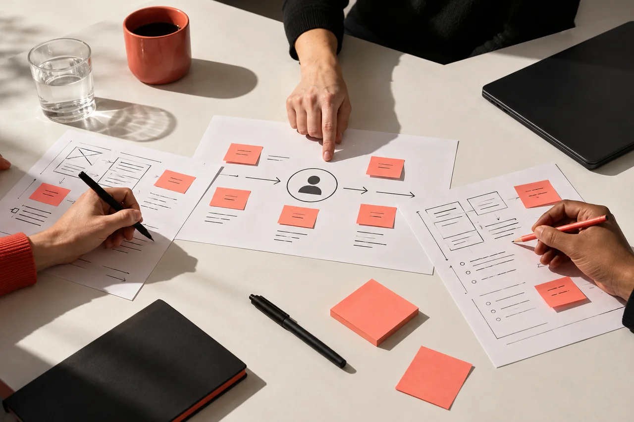 Three people coordinate paper worksheets around a shared customer diagram, with a closed laptop beside the work.