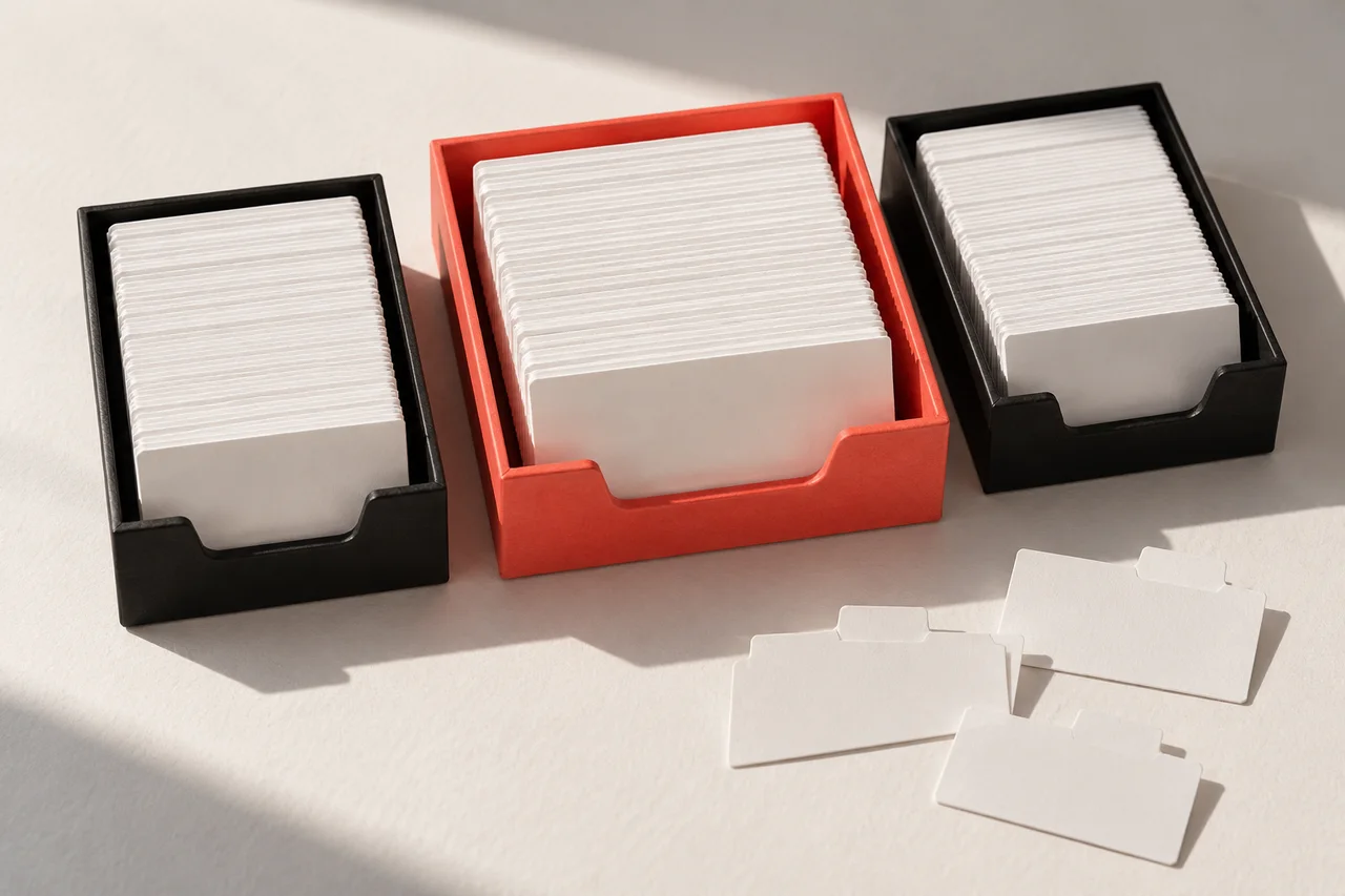 White customer cards grouped into three paper trays, with a coral tray in the centre and unused dividers nearby.
