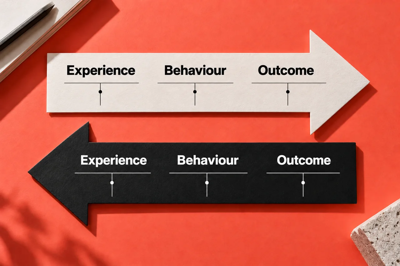 Two opposing paper arrows share Experience, Behaviour and Outcome columns; the lower arrow works backwards from Outcome.