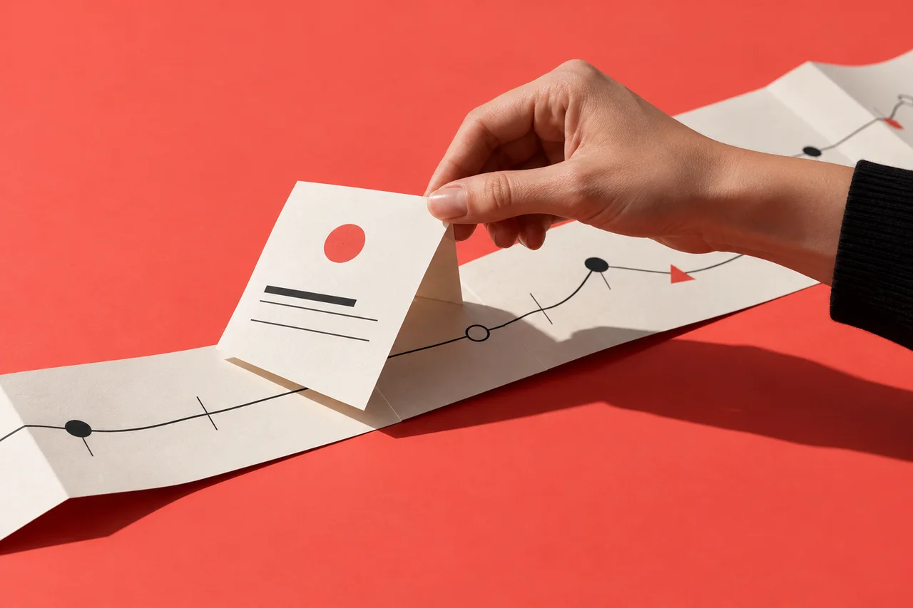 A hand lifts a small results card to reveal a longer customer journey beneath it.