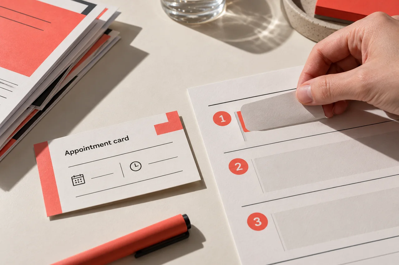 A hand removes a paper barrier from a three-step form beside an appointment card and a stack of leaflets.
