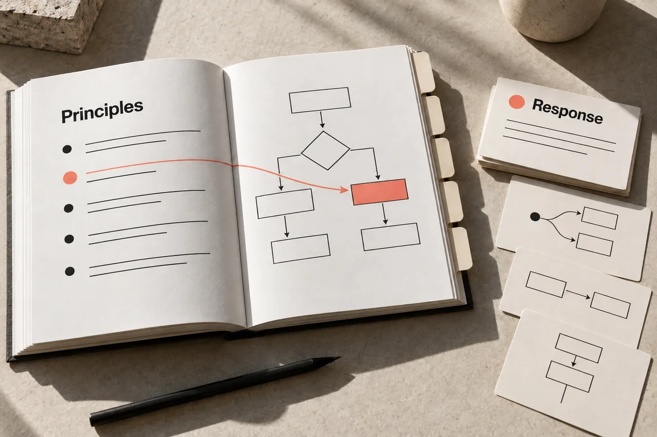 An open principles handbook links one principle to a response diagram, with separate response cards beside it.