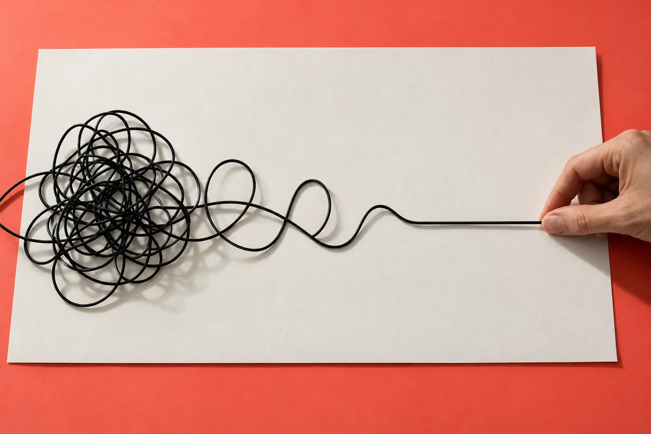 A black cord moves from a dense tangle into a straight line held by a hand over white paper.