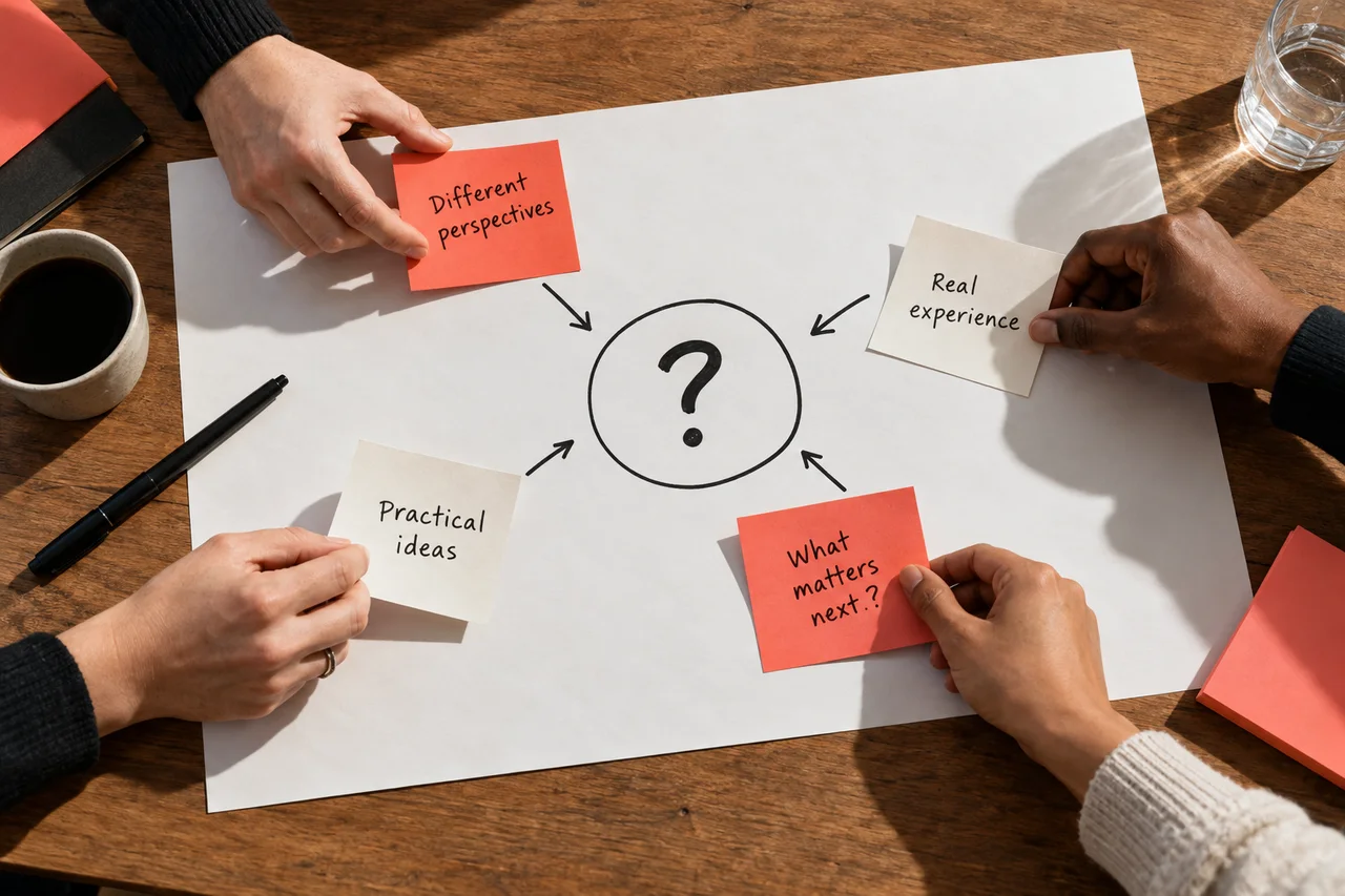 Four people bring coral and white notes to a shared question on a workshop table.
