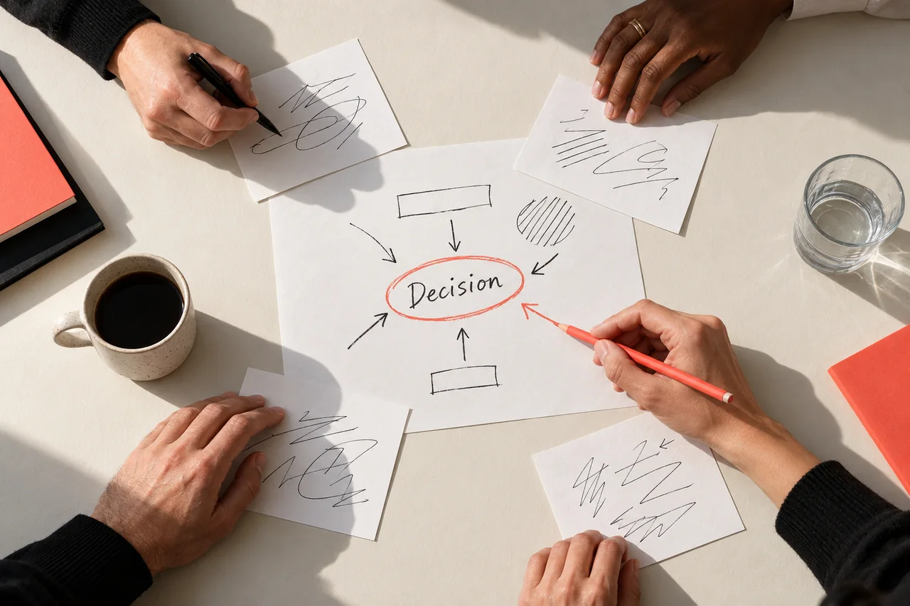 Several people add different notes around a shared decision sheet.