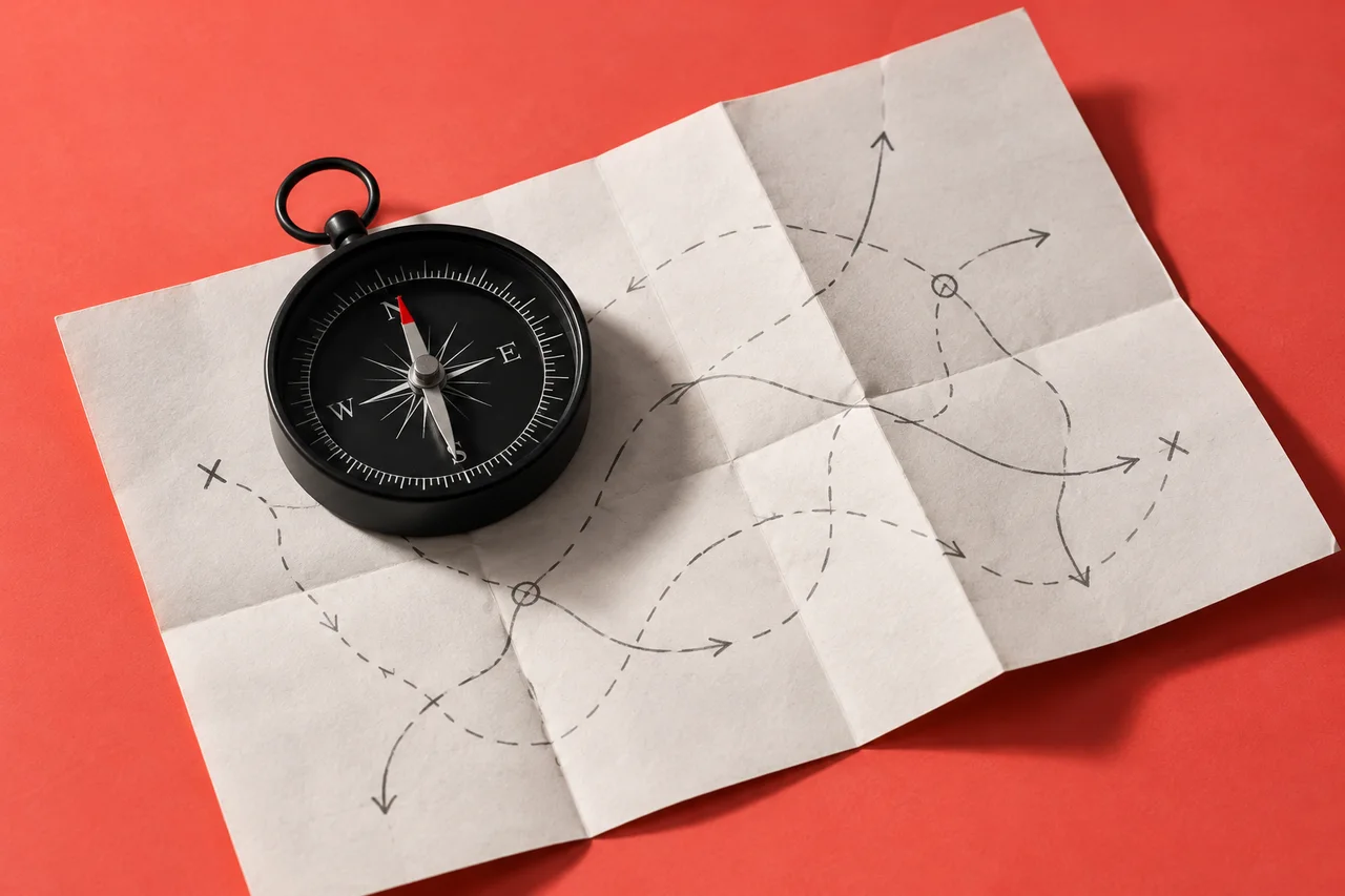 A black compass rests on a folded paper map with several pencil routes on a coral surface.