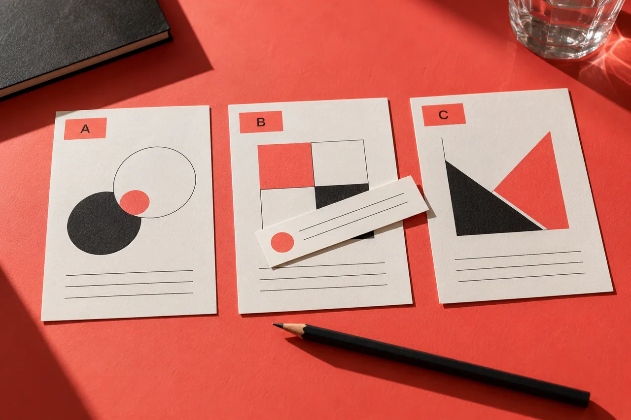 Three different route cards on a coral table, with a small choice slip placed on the middle option.