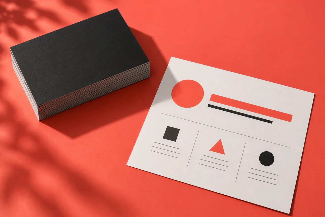 A thick anonymous black slide deck beside a single white summary sheet on a coral tabletop.