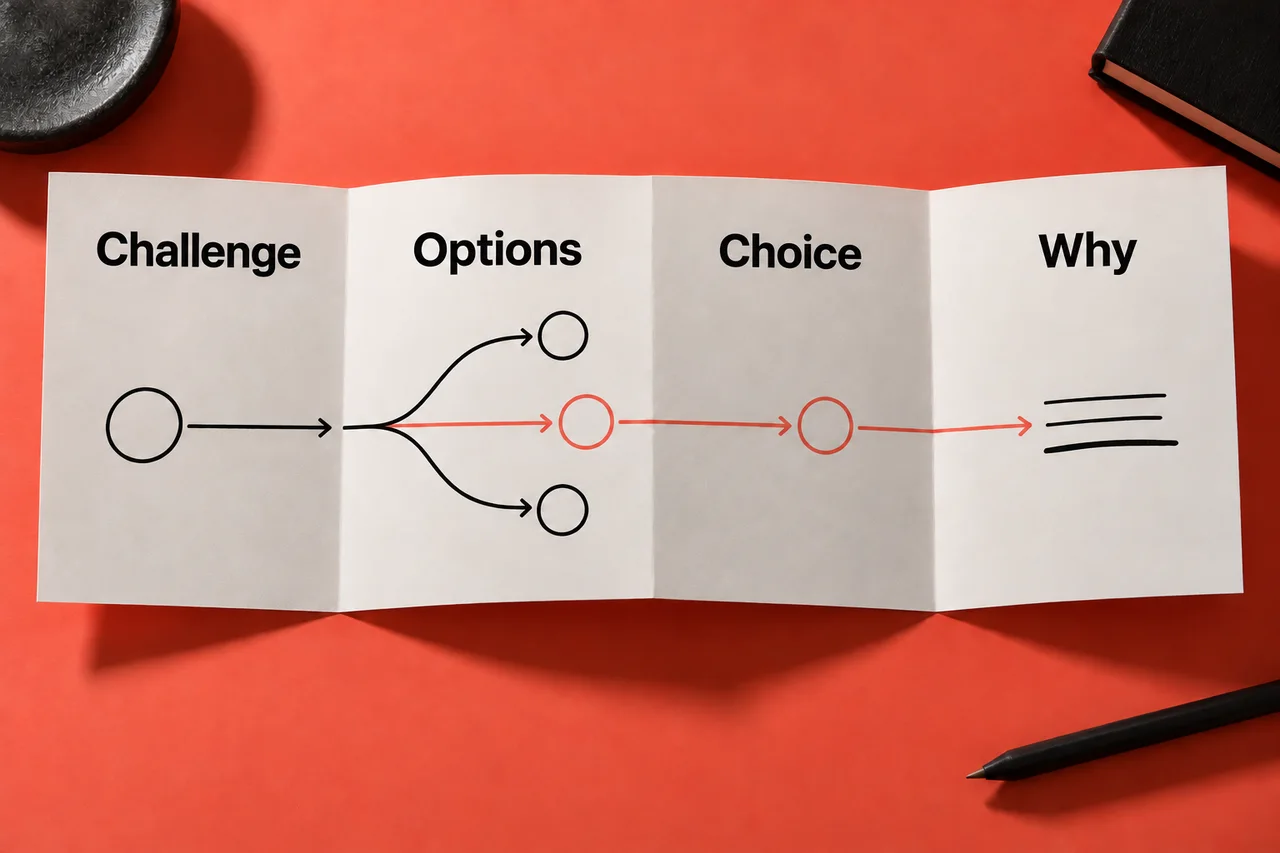A folded strategy sheet connects Challenge, three Options, one highlighted Choice and Why.